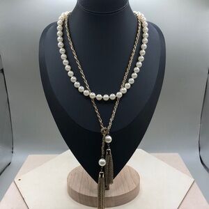 Curated bundle 2 vintage faux pearls and chain tie tassel necklaces.